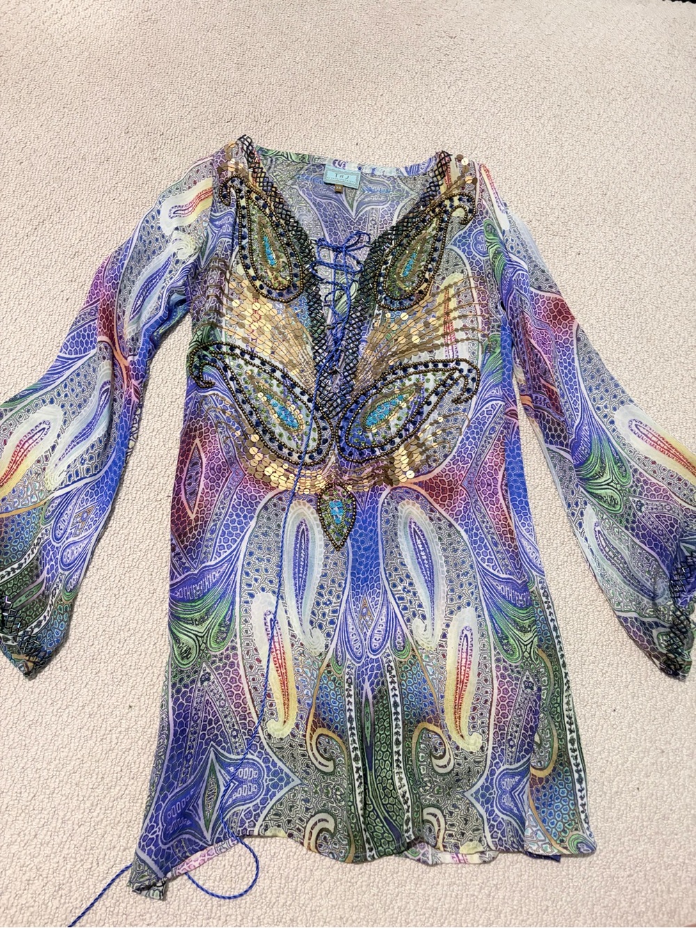 TAJ by Sabrina Crippa Butterfly Beaded Paisley Tunic Dress XS
